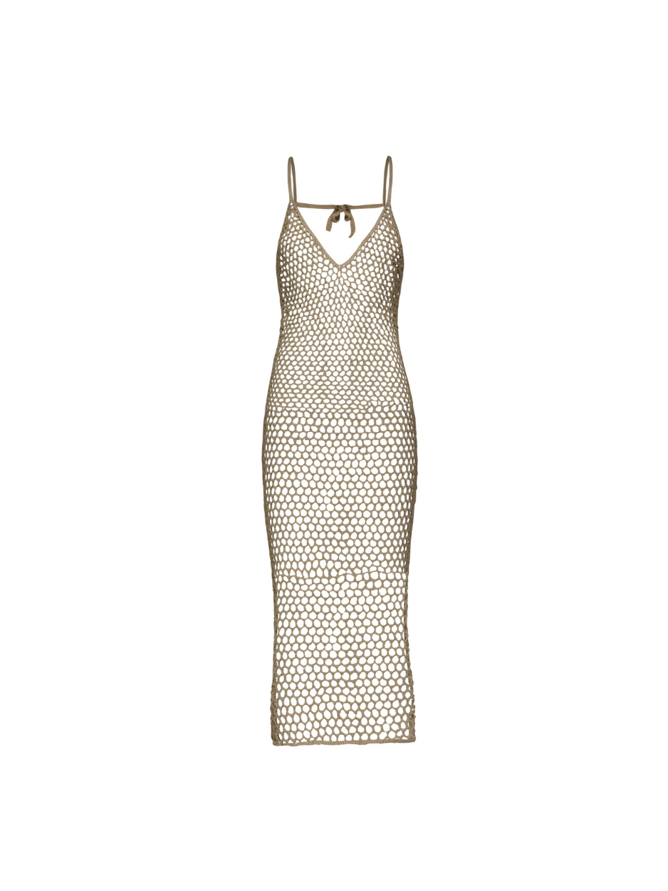 Kaya Crochet Midi Dress in Earthy Sand