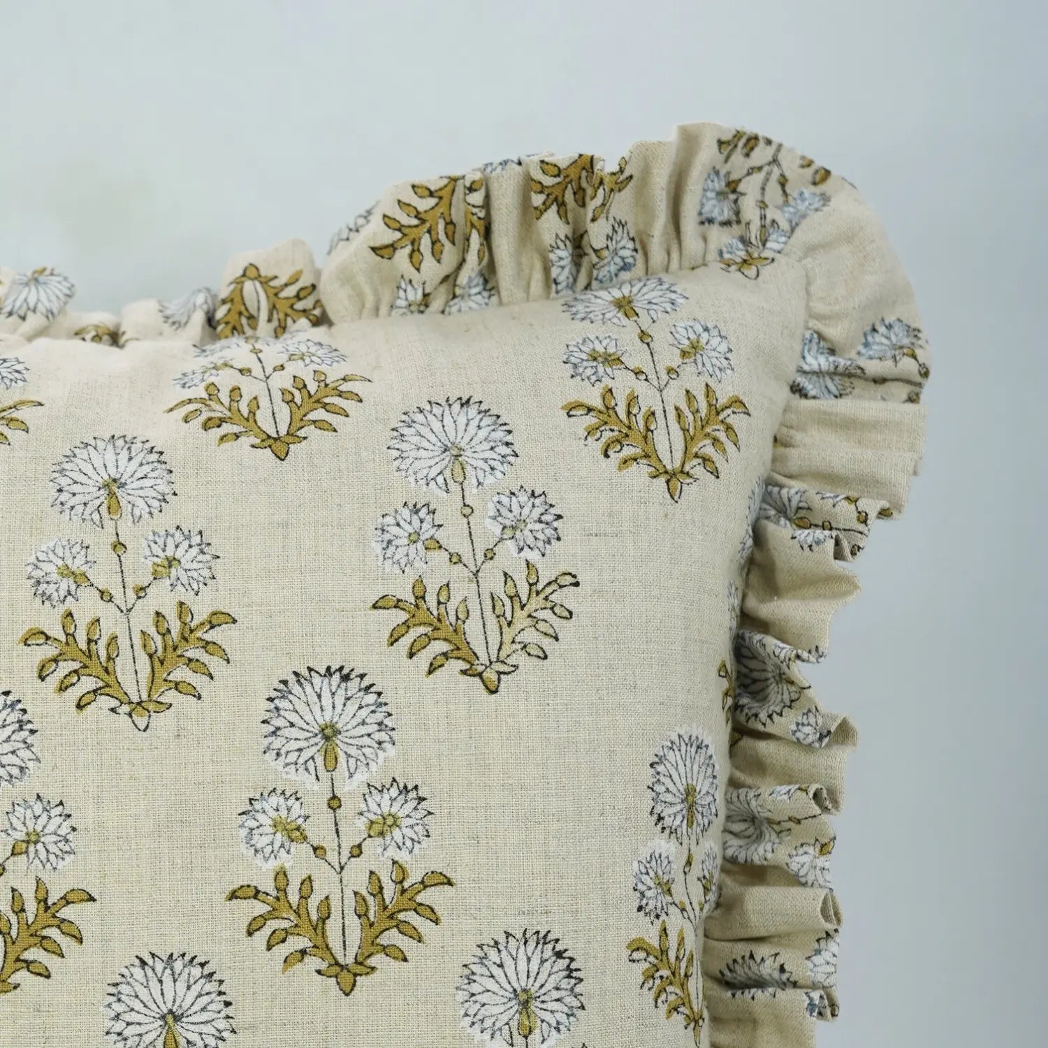 Stylish Hand Block Print Pure Linen Frill Pillow Cover - Rishi