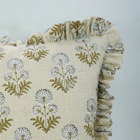 Stylish Hand Block Print Pure Linen Frill Pillow Cover - Rishi