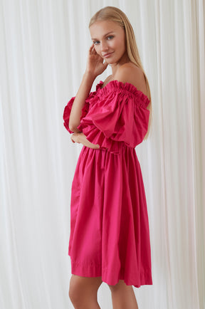 Vacay Off Shoulder Cotton Mini Dress - Fuchsia