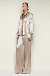 Tie Sleeve Rose Gold Shimmer Pleated Tuxedo Top