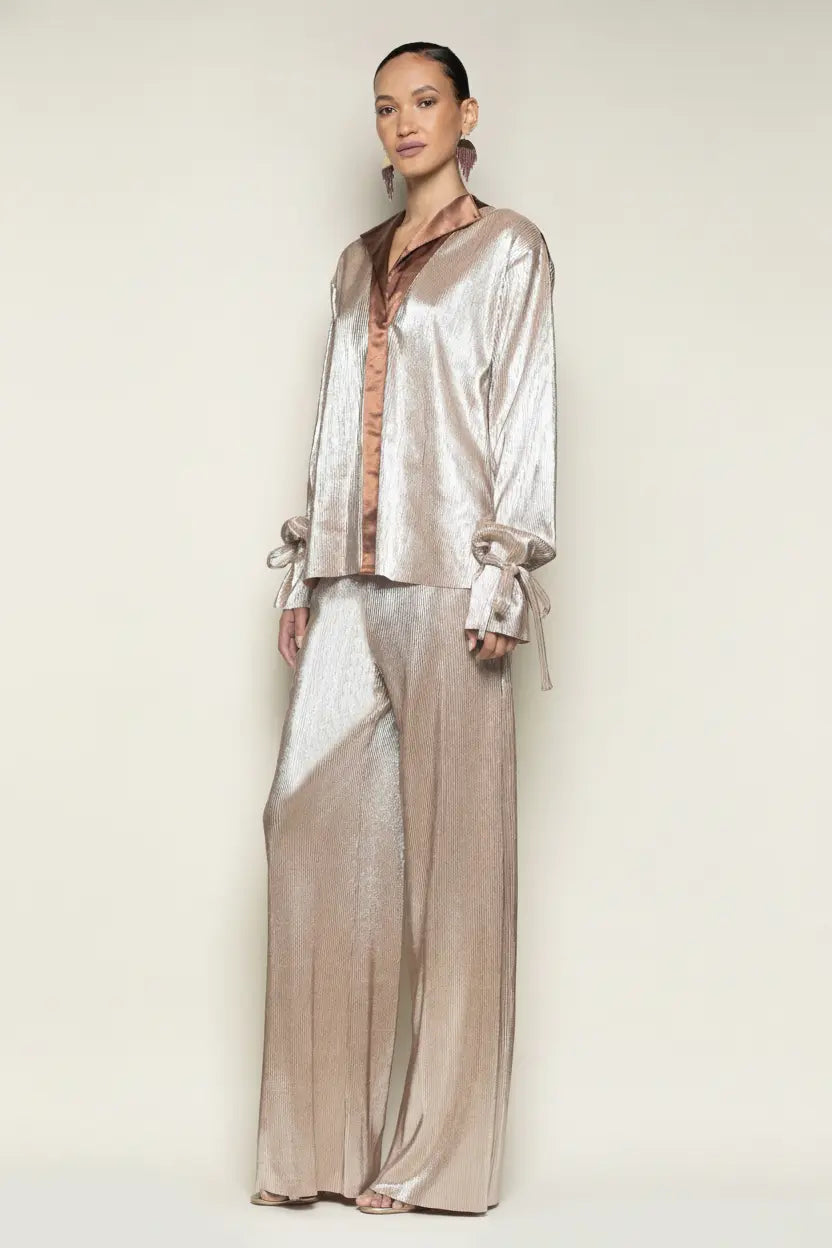 Tie Sleeve Rose Gold Shimmer Pleated Tuxedo Top