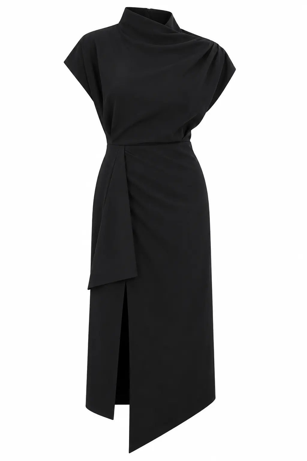 Black One-shoulder Draped Midi Dress
