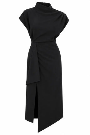 Black One-shoulder Draped Midi Dress