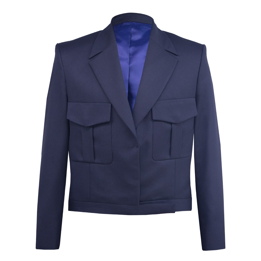 Blue Cropped Blazer with Stripes and Magnetic Snap Fastening