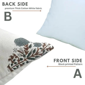 Floral Hand Made Block DesignThick Cotton White Pillow Cover  - Swadesh
