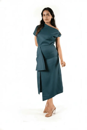 Teal One-shoulder Draped Midi Dress
