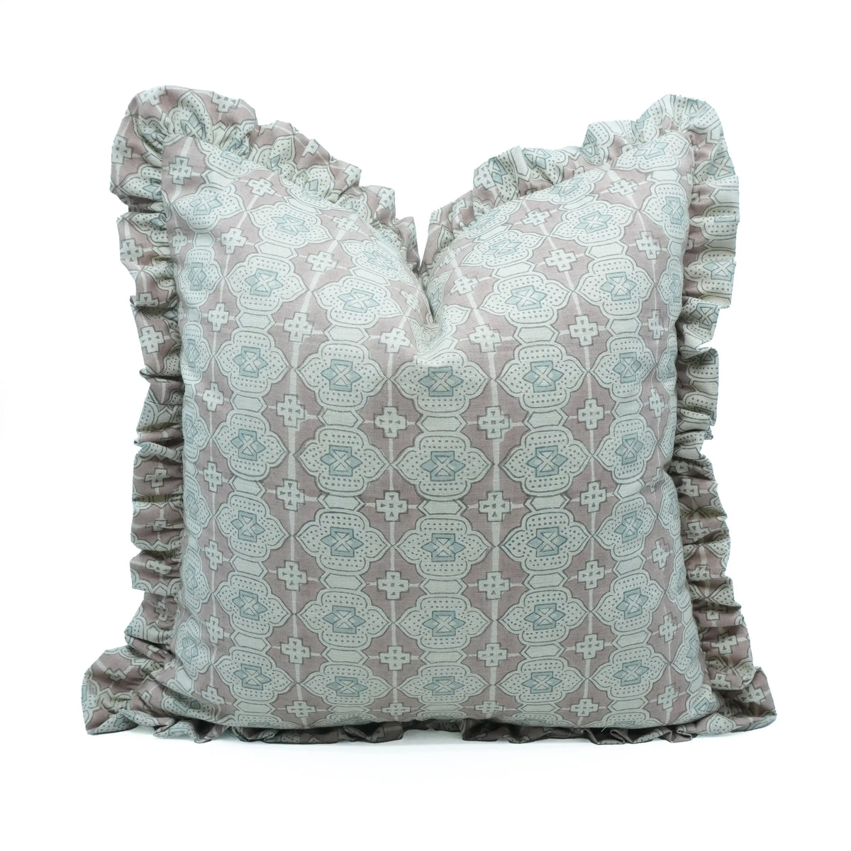 Handmade Peach Block Print Linen Blend Frill Pillow Cover - Jharoka