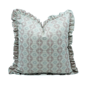 Handmade Peach Block Print Linen Blend Frill Pillow Cover - Jharoka