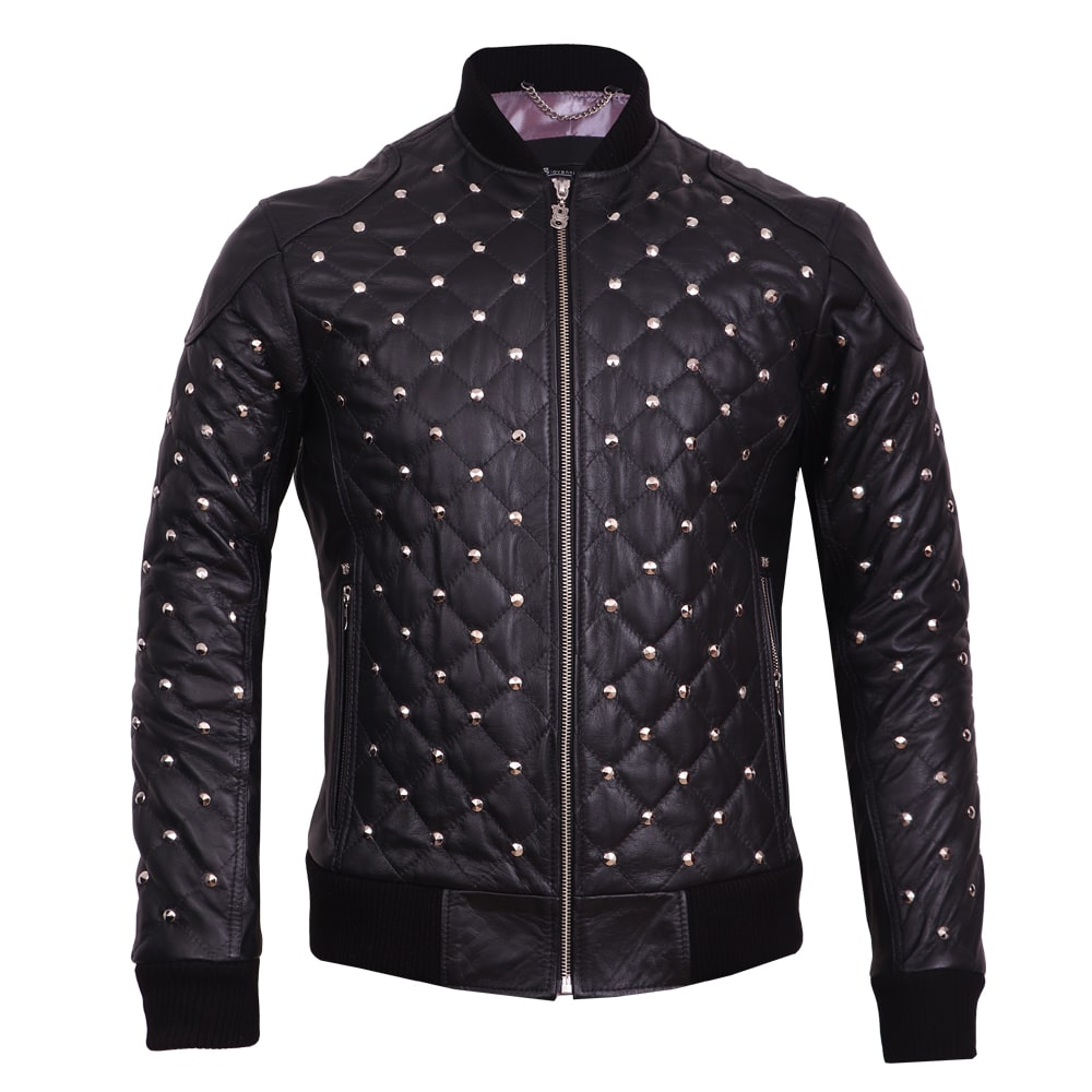 Leather bomber jacket with studs