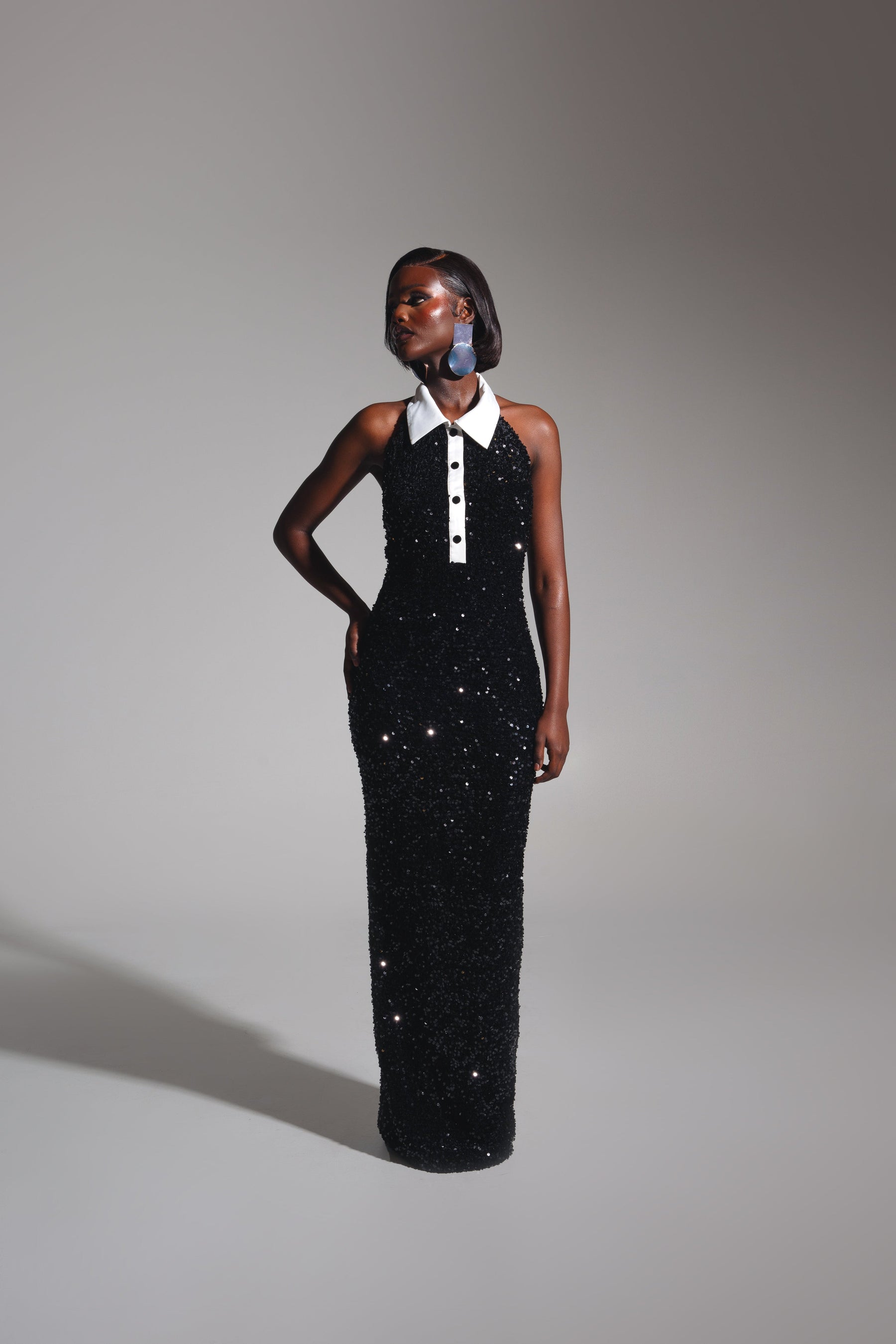 RIA Halter Sequin Maxi Dress in ONYX