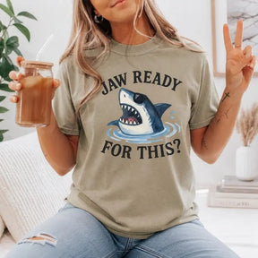 Jaw Ready For This Cool Shark Sunglasses Graphic T-Shirt | Khaki Funny Ocean Summer Cotton Tee