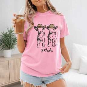 Meh Cowboy Goats Funny Graphic T-Shirt | Light Pink Western Farm Animal Cotton Tee