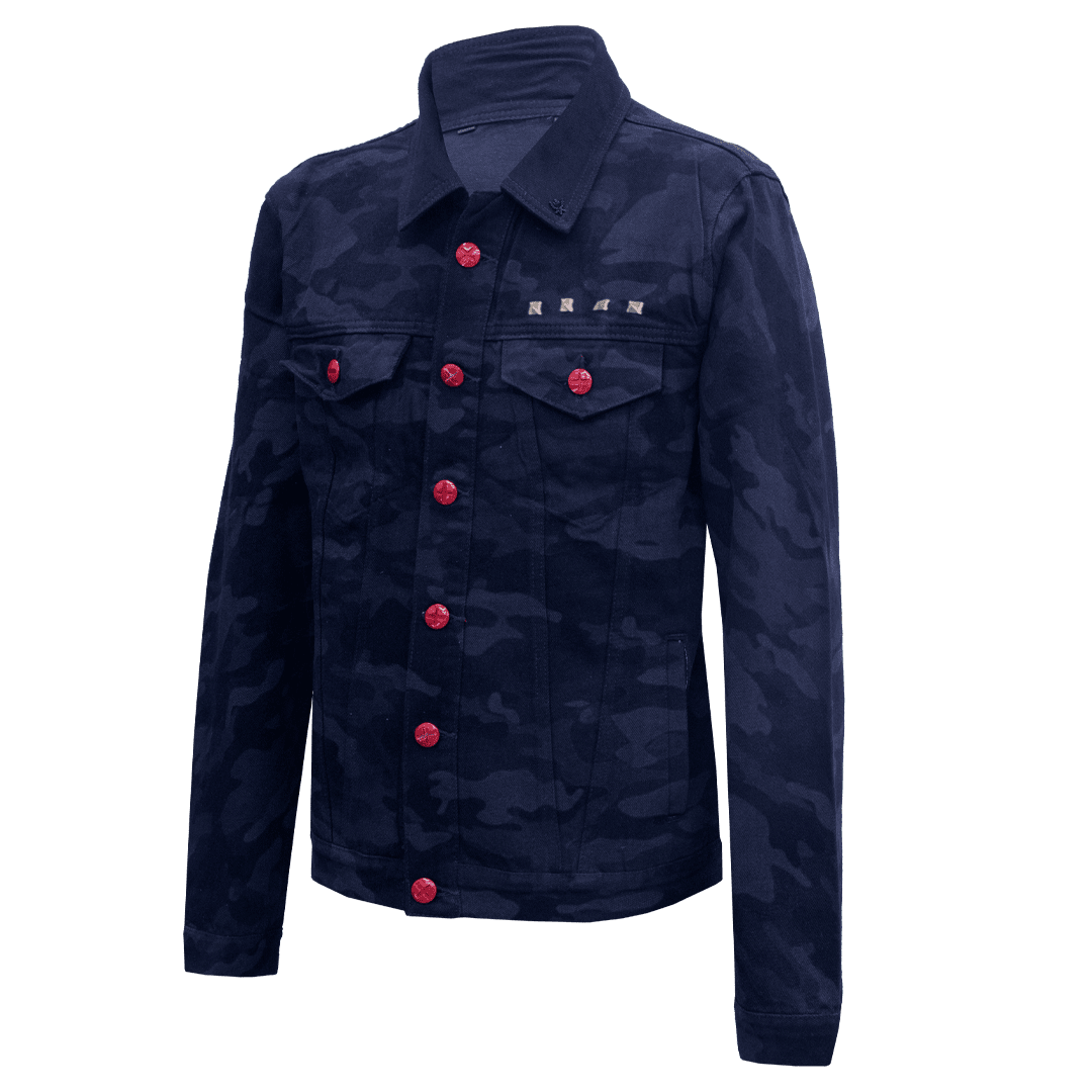Black camo denim jacket with red buttons
