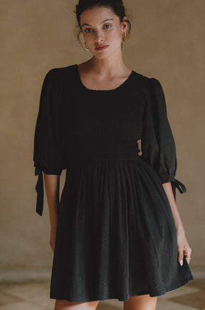 Jolie Puff Sleeve Linen Mini Dress  - Black