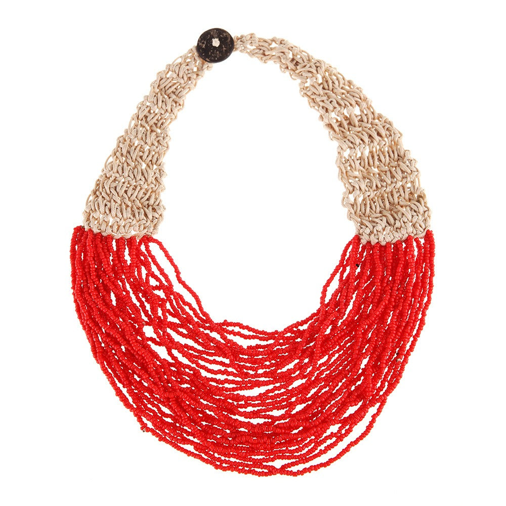 Fashionable retro ethnic style exaggerated style hand woven 30 layer wax rope rice bead necklace for women