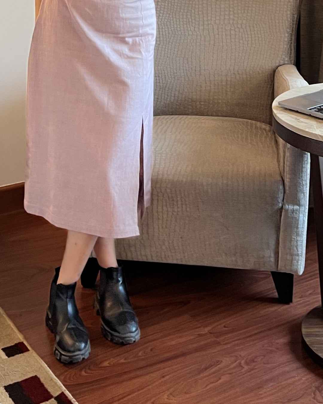 White Straps Top With Grey Khadi Pencil Skirt
