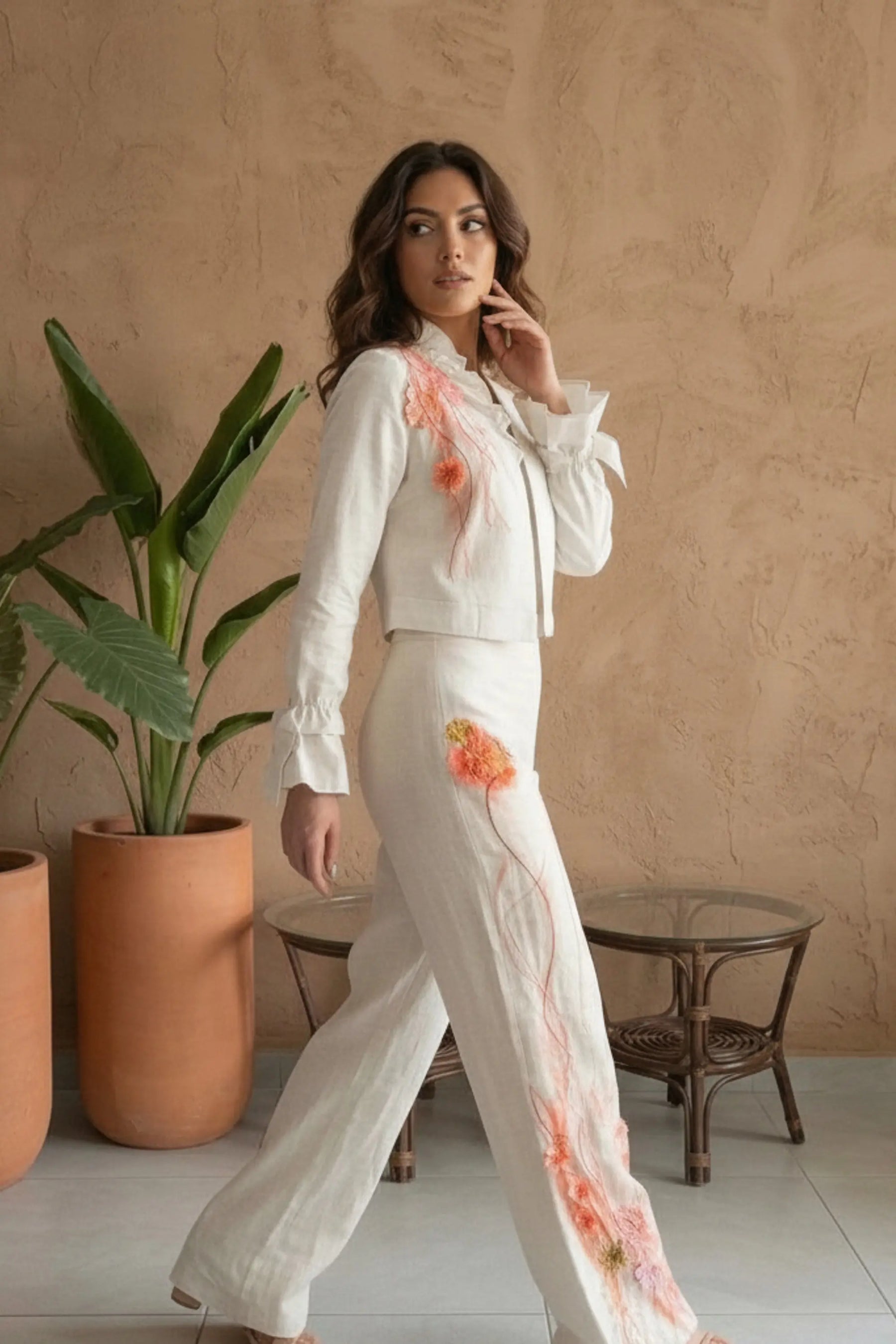 LINAJE Hand by PASALUMAC -Embroidered Linen Two-Piece Set – Cropped Jacket & Wide-Leg Trousers