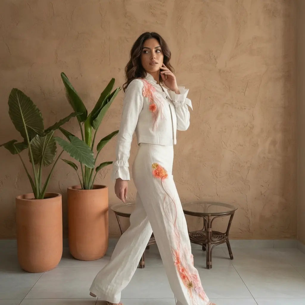 LINAJE Hand by PASALUMAC -Embroidered Linen Two-Piece Set – Cropped Jacket & Wide-Leg Trousers