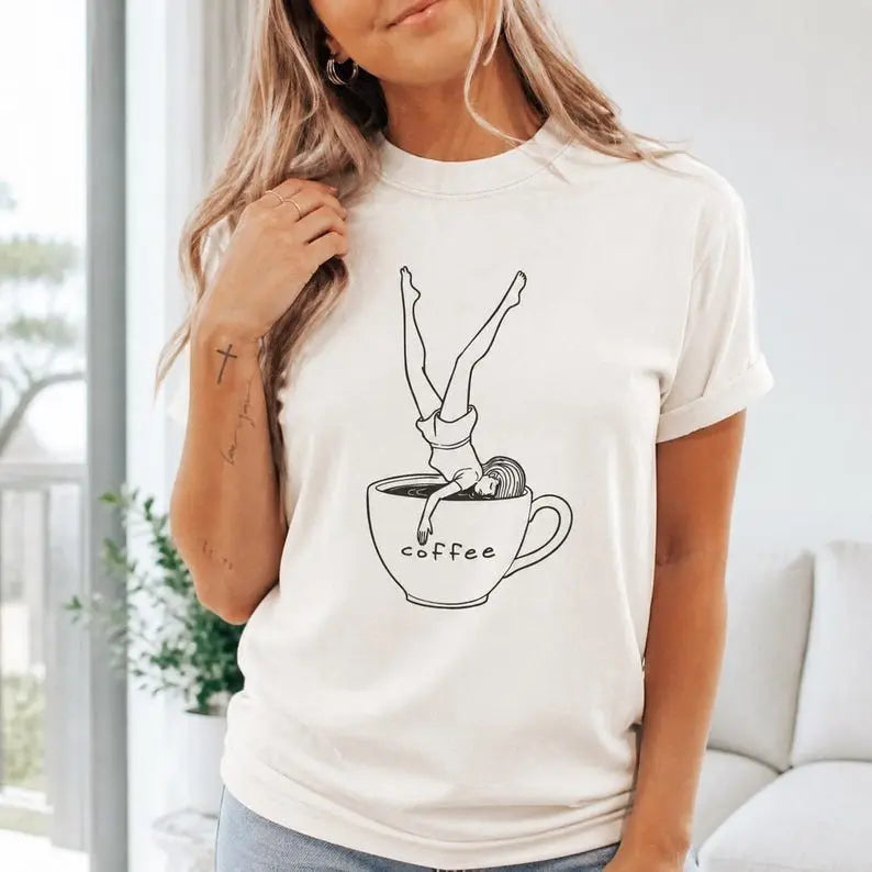Diving Into Coffee Girl Graphic T-Shirt | Natural Ivory Caffeine Lover Cotton Tee
