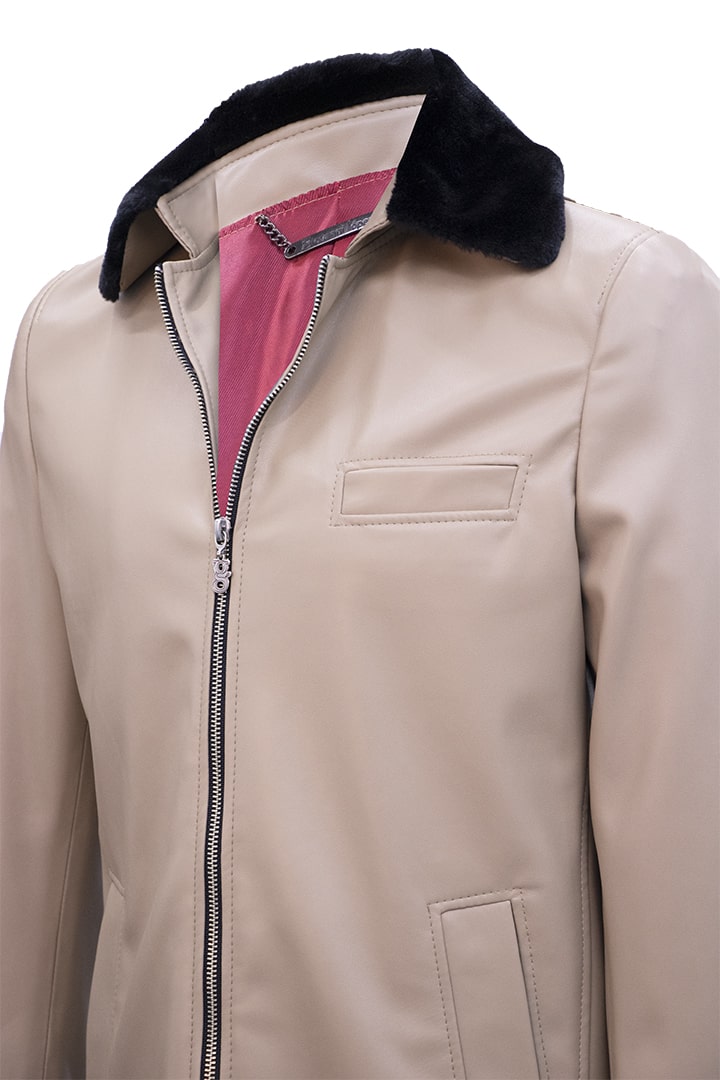 Casual synthetic leather jacket featuring plush accents