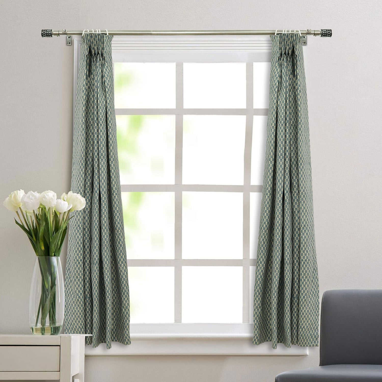 Elegant Block Printed Pure Linen Pleated Curtain- Hariyali