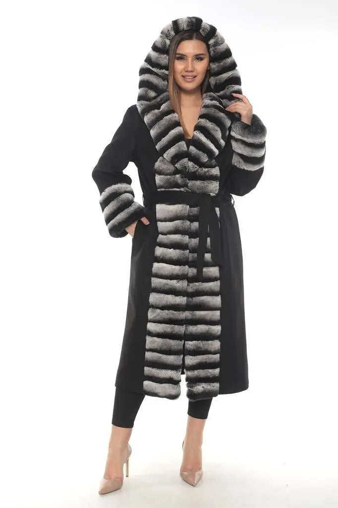 Luxury Black Cashmere Coat with Ethical Rex Fur Trim