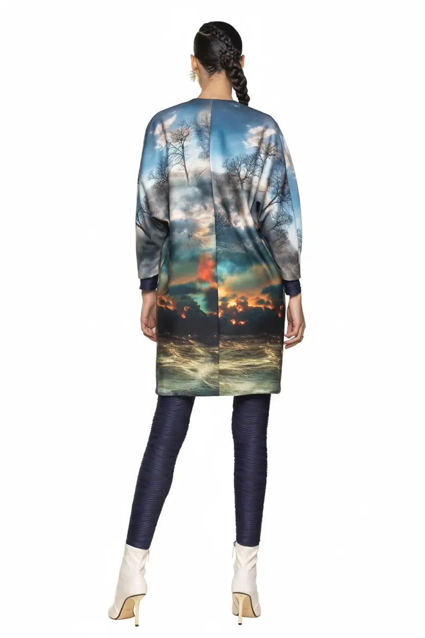 Women’s V-Neck ¾- Sleeve Printed Scuba Big Pocket Kimono