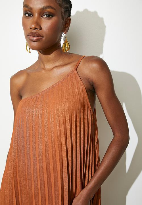Asymmetric pleated kaftan dress - caramel