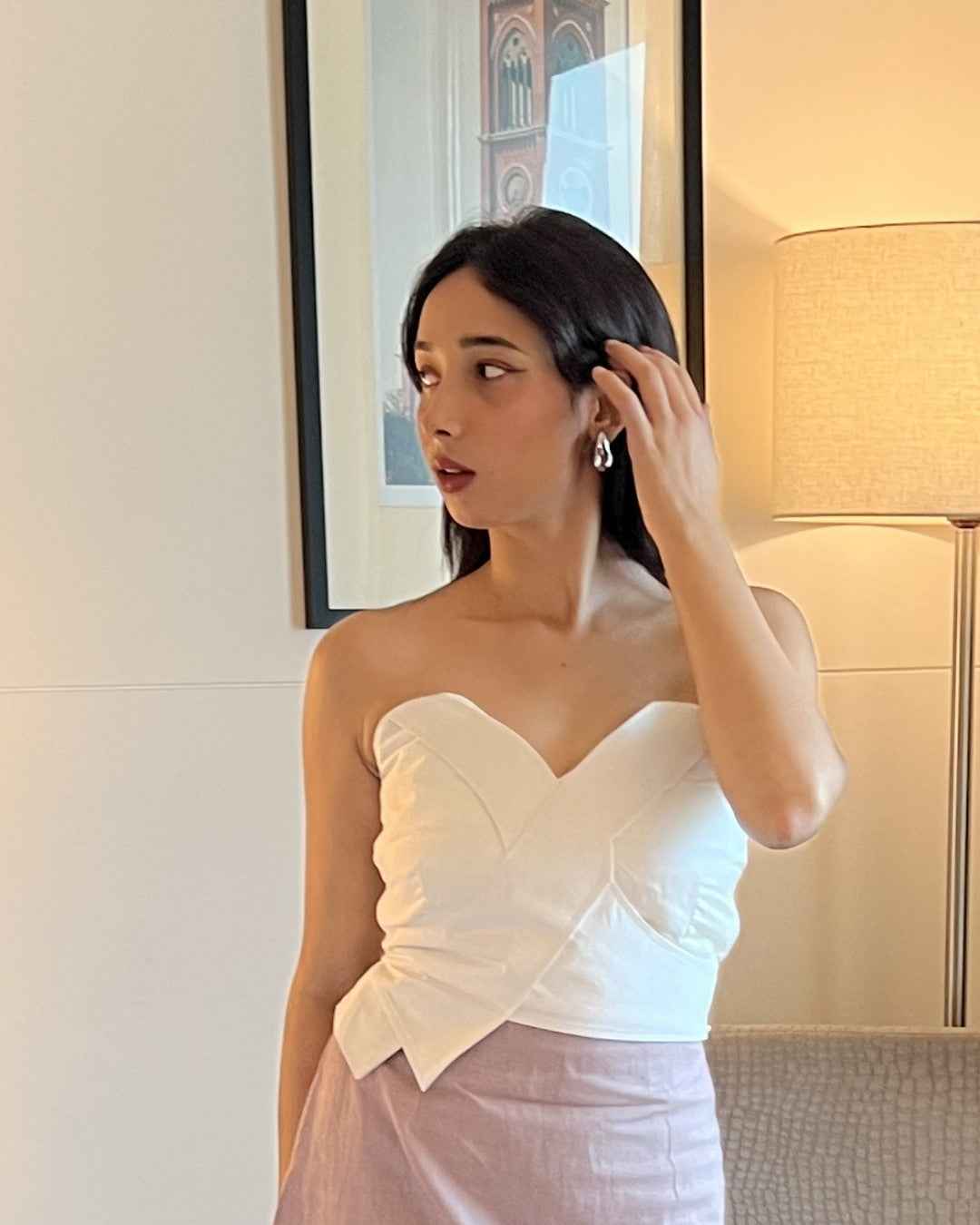 White Straps Top With Grey Khadi Pencil Skirt
