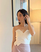 White Straps Top With Grey Khadi Pencil Skirt