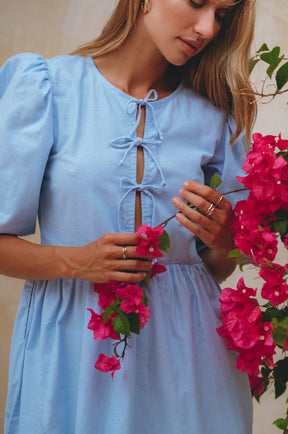 Beatrice Puff Sleeve Linen Mini Dress - Crystal Blue