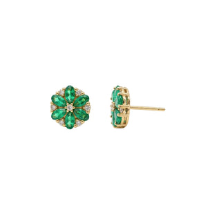 Pear Emerald & Round Diamond Floral Studs
