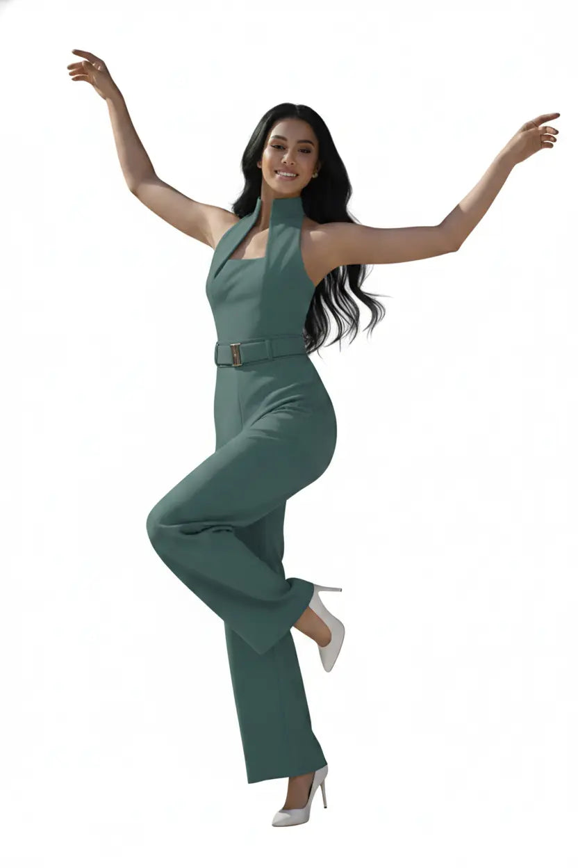 Sea-green High-collar Jumpsuit – Gold Buckle