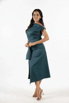 Teal One-shoulder Draped Midi Dress
