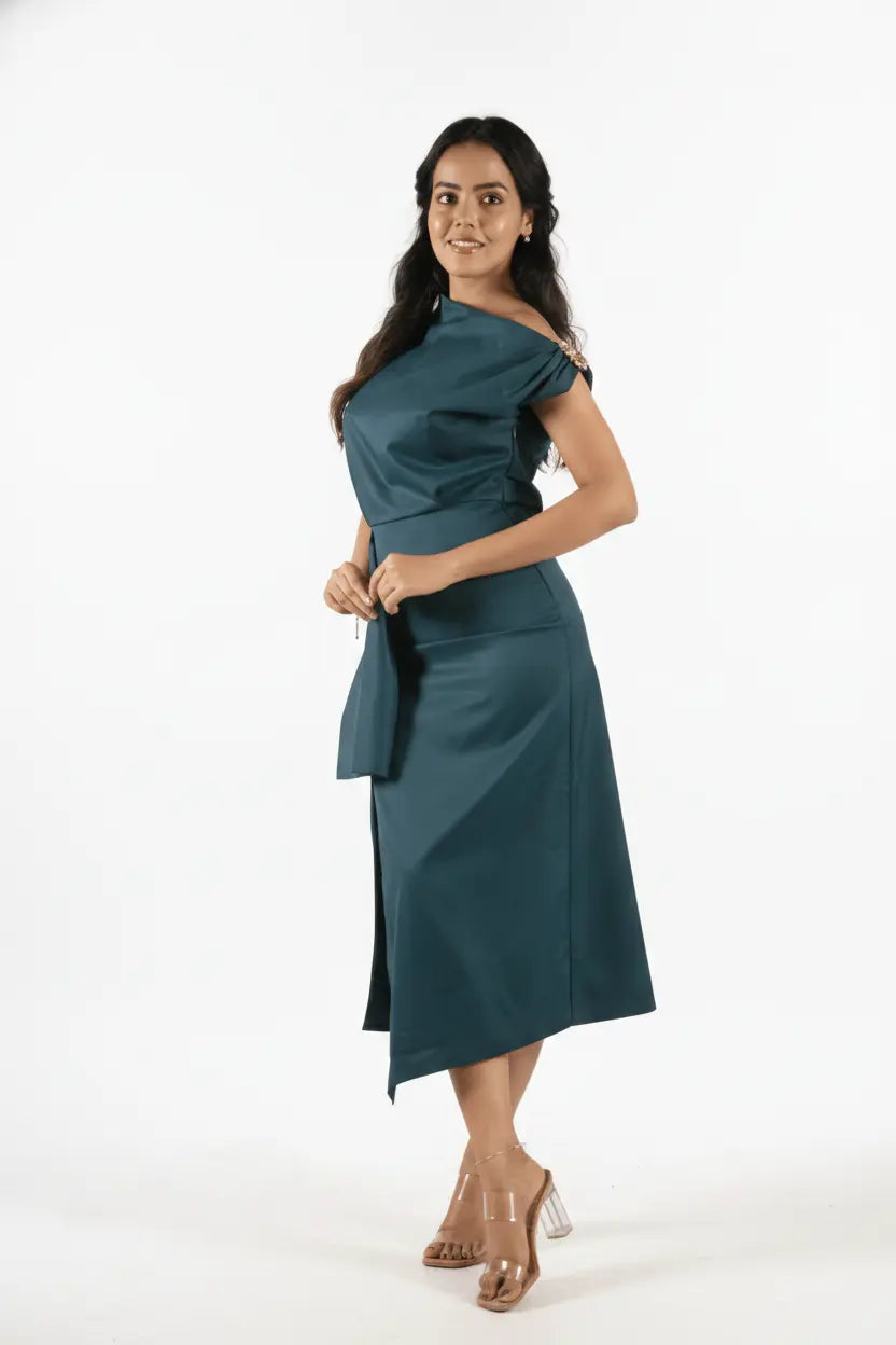 Teal One-shoulder Draped Midi Dress