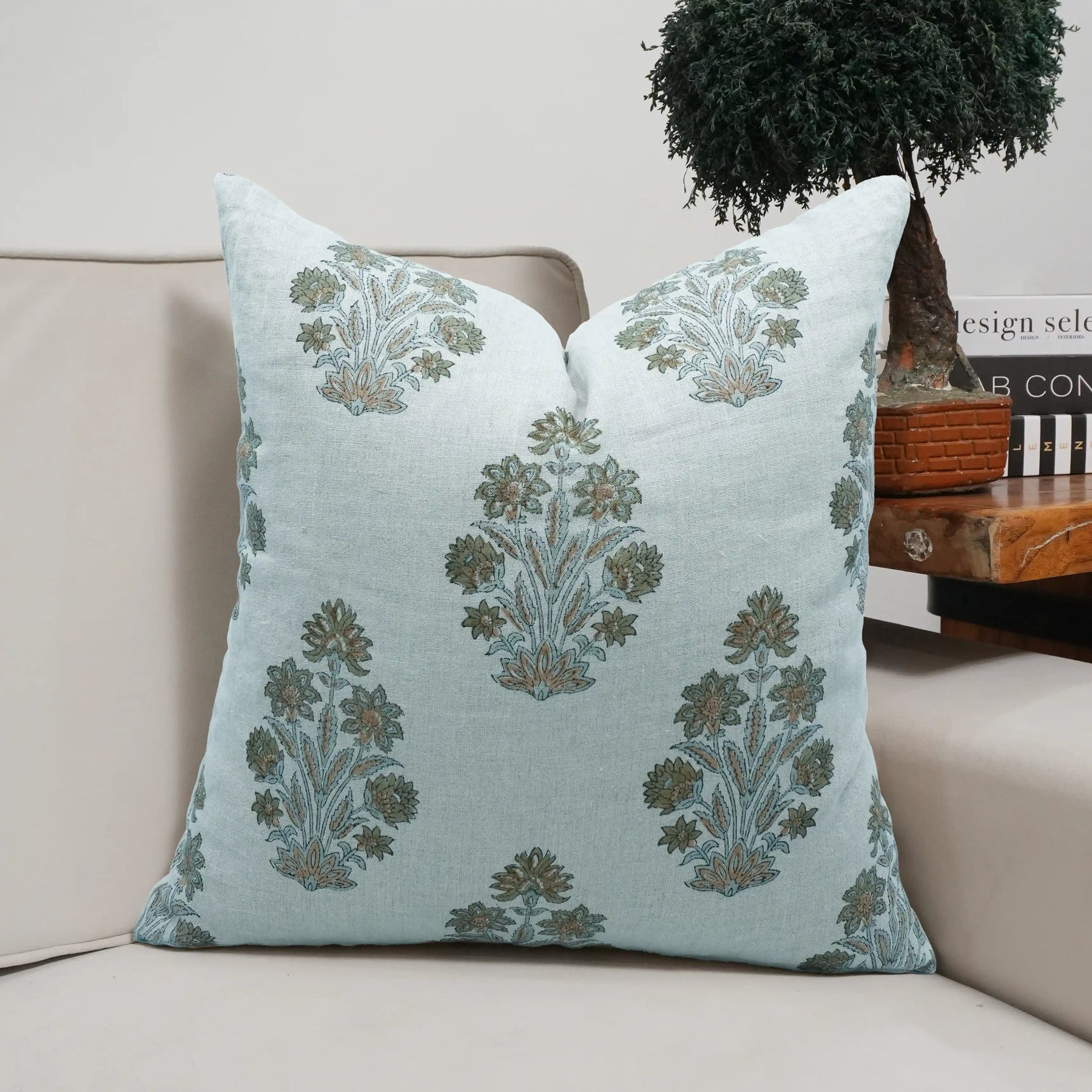 Handmade Floral Block Print Thick Linen Home Pillow Cover - Morpankh