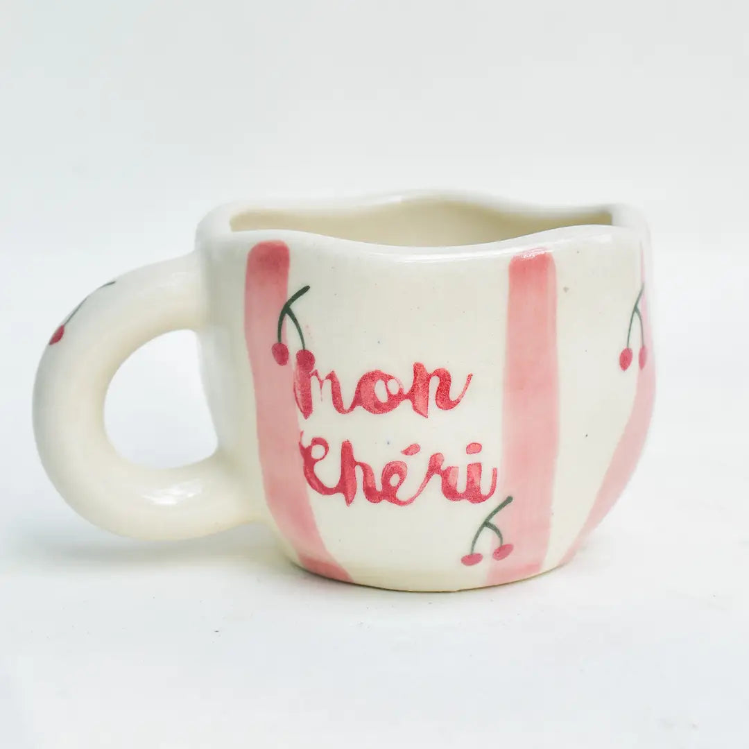 Pink Striped Cheri Ceramic Mug - 4 x 2.5 Inches , 6.5 oz