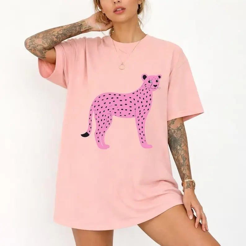 Pink Leopard Cheetah Animal Graphic T-Shirt | Retro Preppy Light Pink Cotton Tee