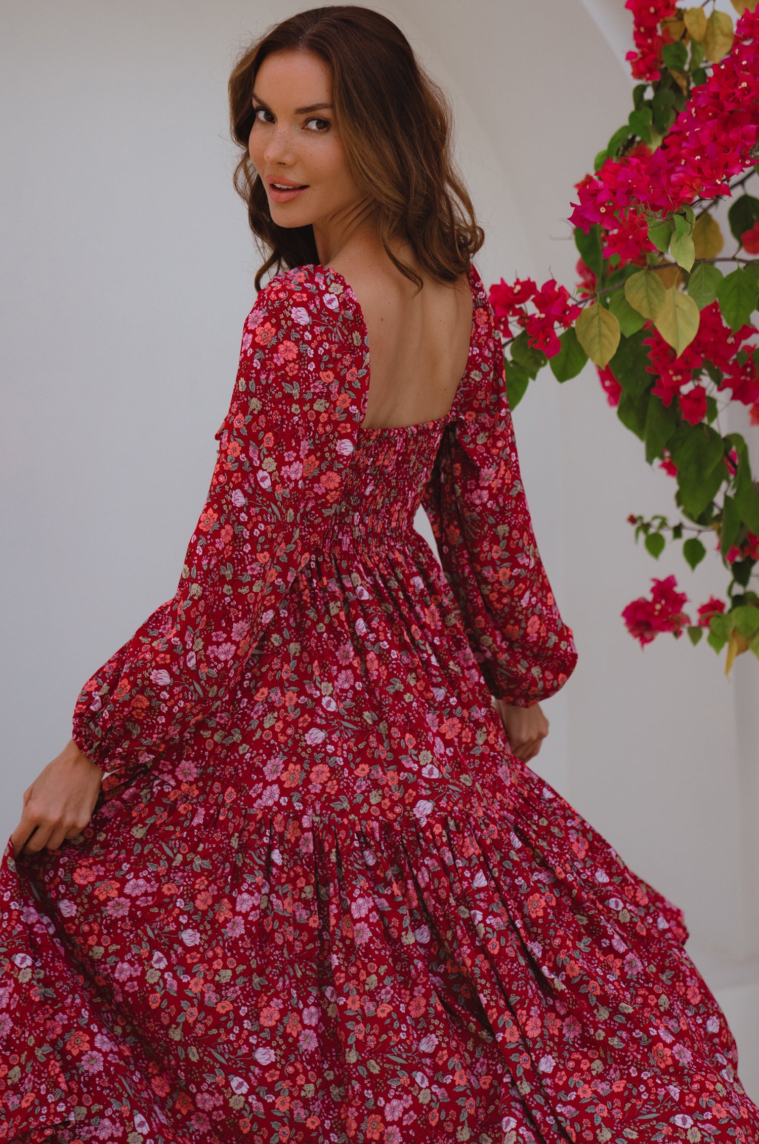 Verona Long Sleeve Midi Dress - Ruby Wildflower