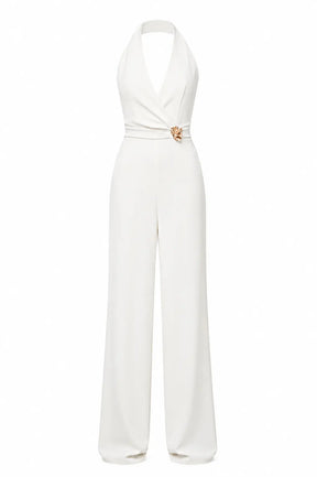 Ivory Halter Jumpsuit – Gold Brooch