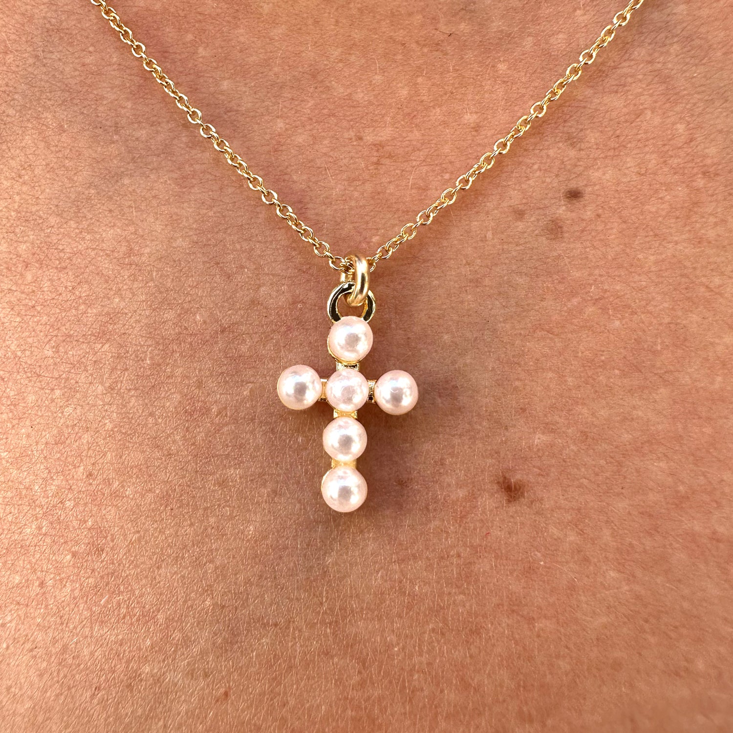 Pearl Cross Gold Charm Necklace