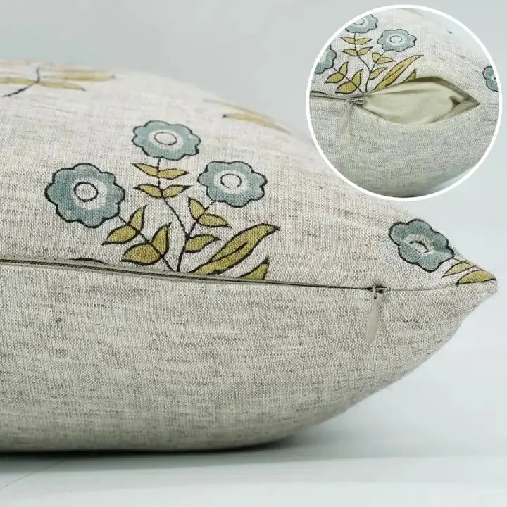 Floral Hand Block Printed Viscose Linen Pillow Cover - Neha