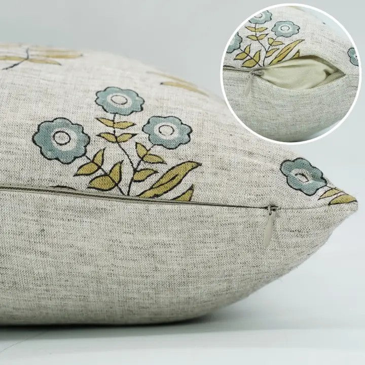 Floral Hand Block Printed Viscose Linen Pillow Cover - Neha