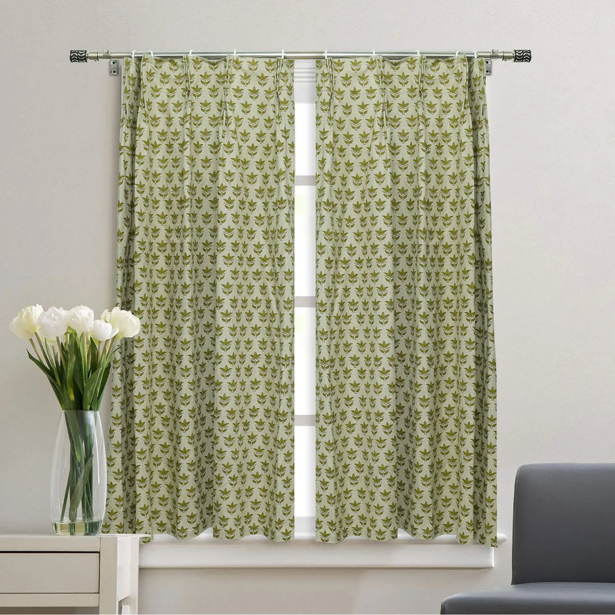 Unique Printed Pure Linen 2 Pleated Curtain - Saat Patti