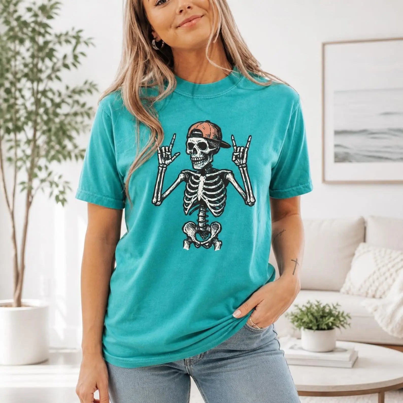 Cool Skeleton Rock On Graphic T-Shirt | Halloween Bright Teal Oversized Cotton Tee