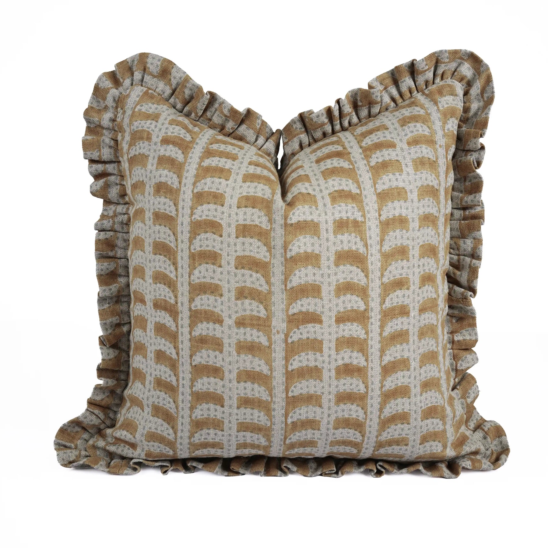 Boho Block Print Brown Thick Linen Frill Cushion Cover - Garud