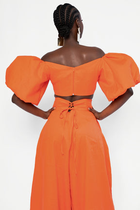 Linen SKYE Puffy Sleeve Crop Top in Orange