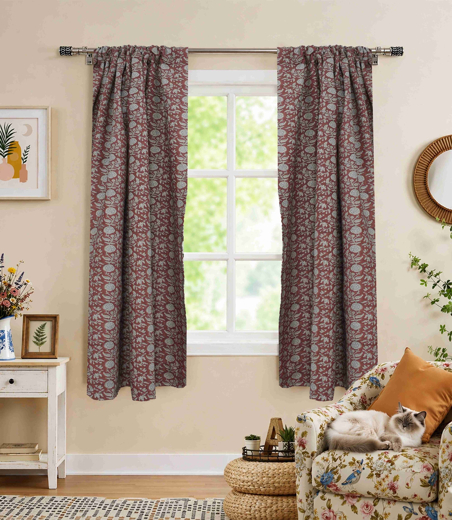 Handmade Floral Pure Linen Block Print Rod Pocket Red Curtain - Shillong