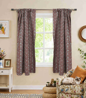 Handmade Floral Pure Linen Block Print Rod Pocket Red Curtain - Shillong